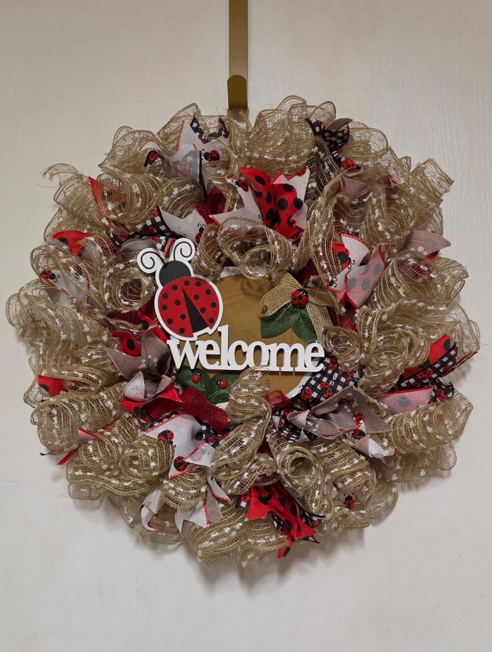 Handcrafted Festive Red Ladybugs On Tan Burlap Ruffled Ribbons Welcome Wreath